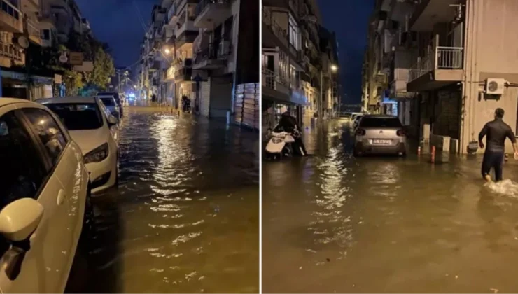 İzmir’de kuvvetli yağış ve fırtına nedeniyle denizle kara birleşti! Vatandaşlar araçlarının peşine düştü