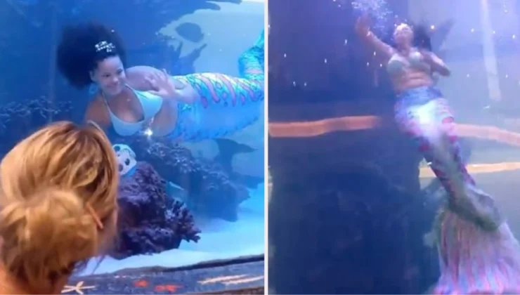 Akvaryumda deniz kızının kostüm kuyruğu sıkışan genç kadın son anda kurtuldu